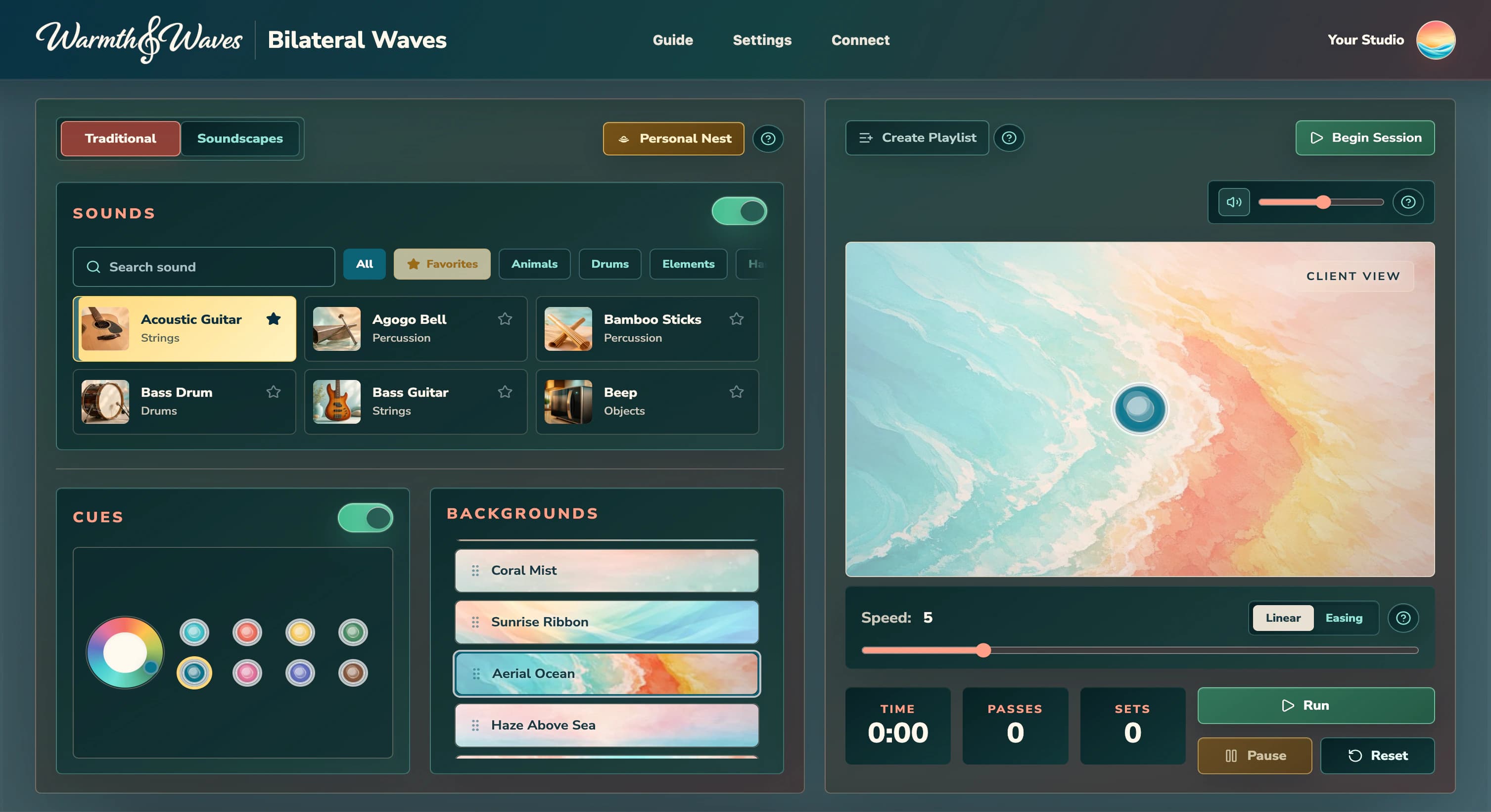 Bilateral Waves Traditional studio showing sound controls, cue colors, background options, and an animated client preview.