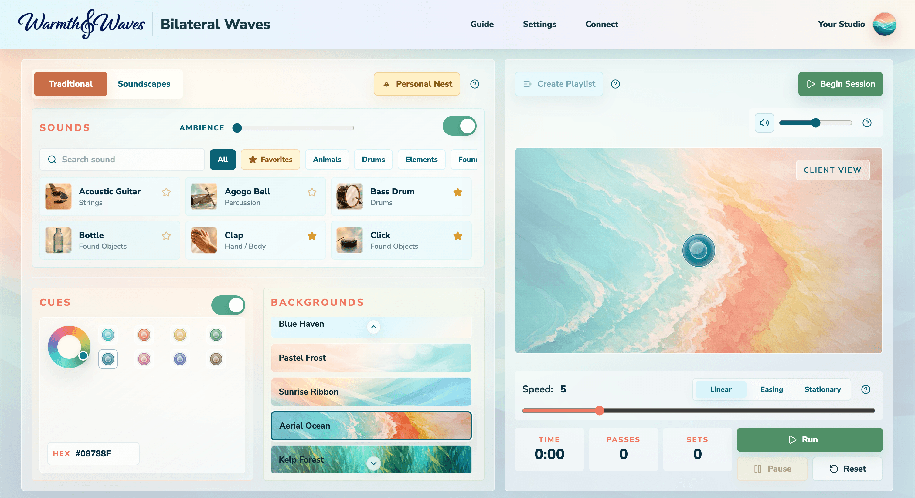 Bilateral Waves Traditional studio showing sound controls, cue colors, background options, and an animated client preview.